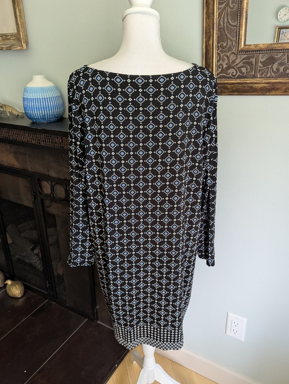 J.Jill Wearever Collection Womens Large Petite Black Blue Diamonds Stretch Dress - Picture 5 of 12